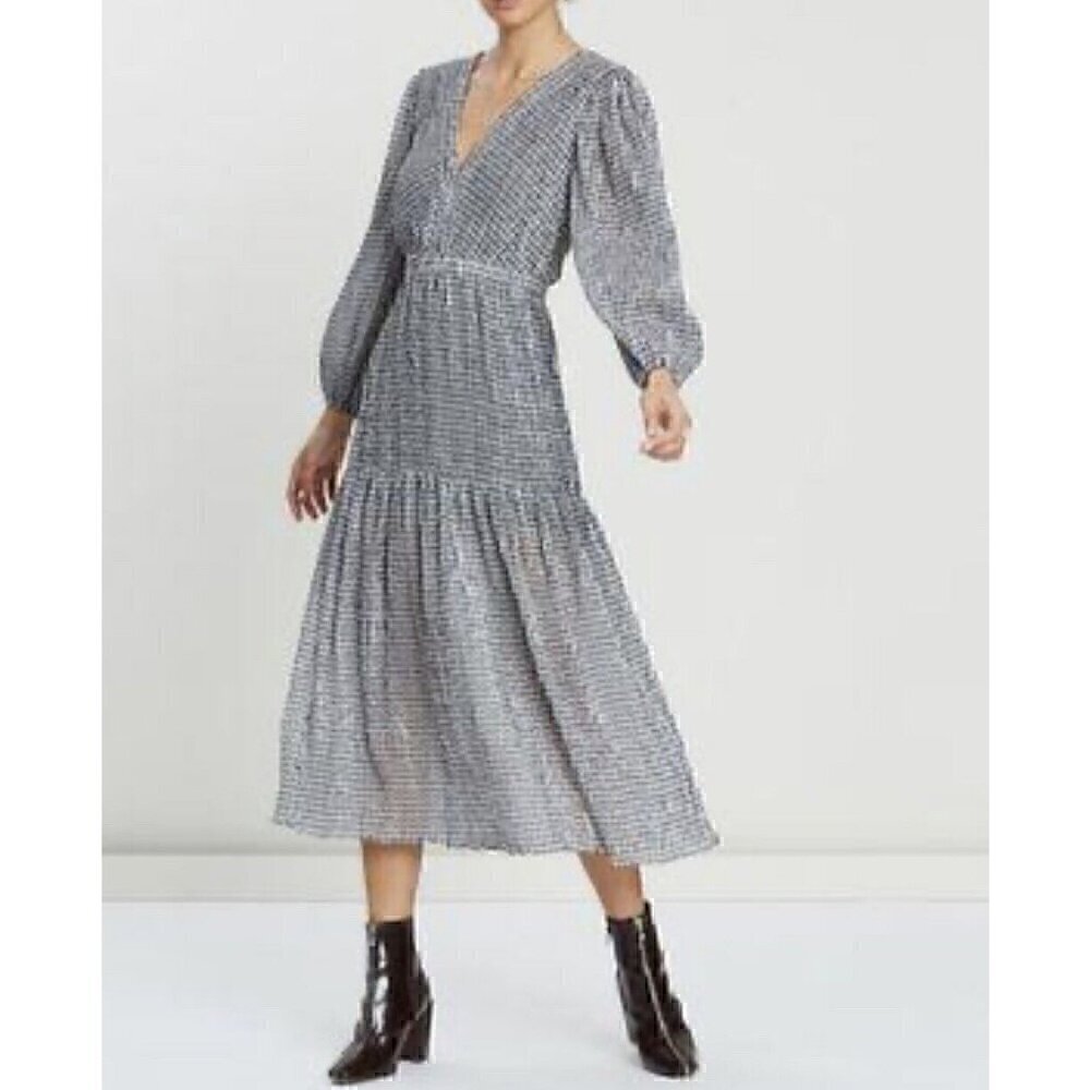 Bec & Bridge Nadine Crinkled Gingham Midi Dress Black US 6 UK 10
